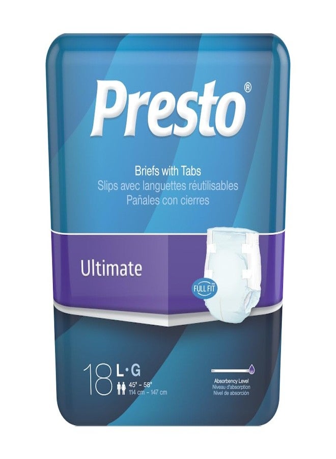 Presto! Presto Ultimate Incontinence Briefs with Tabs, Large (45"- 58" Waist) – Unisex Adult Diapers - MoistureLock Dual Core & OdorSecure Technology for Comfort & Protection – Blue, 18 Count (Pack of